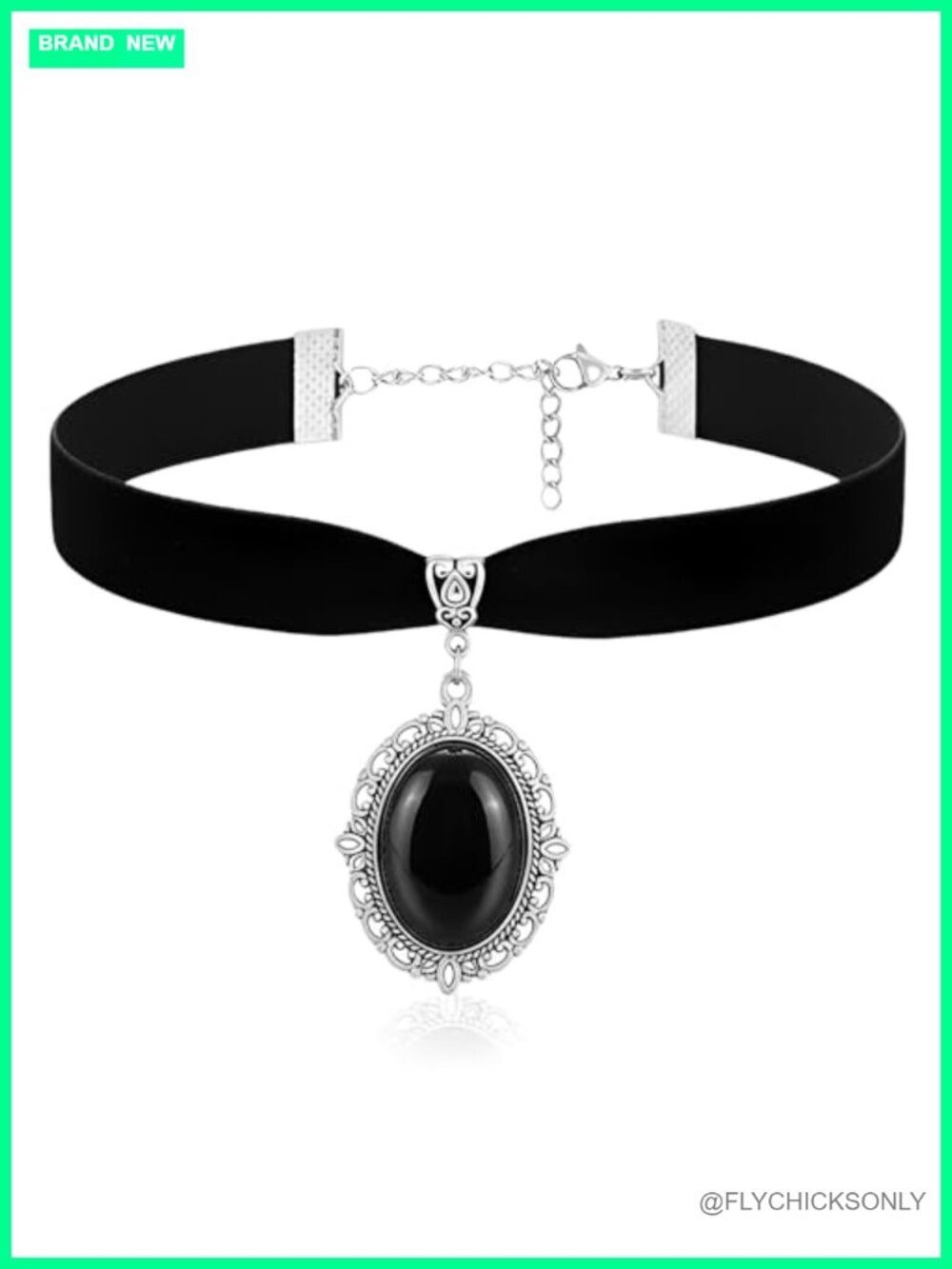 Gothic Choker Necklace with Oval Onyx Pendant Silver Tone Filigree